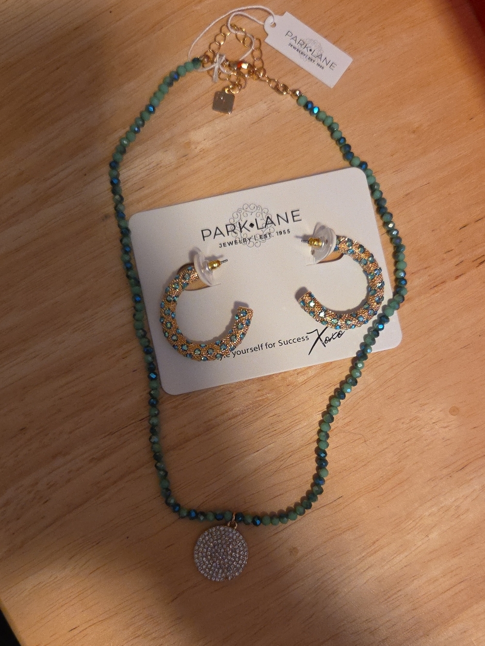 Park Lane Turquoise Beaded Necklace w/ Pavé Round Pendant And Matching Earrings